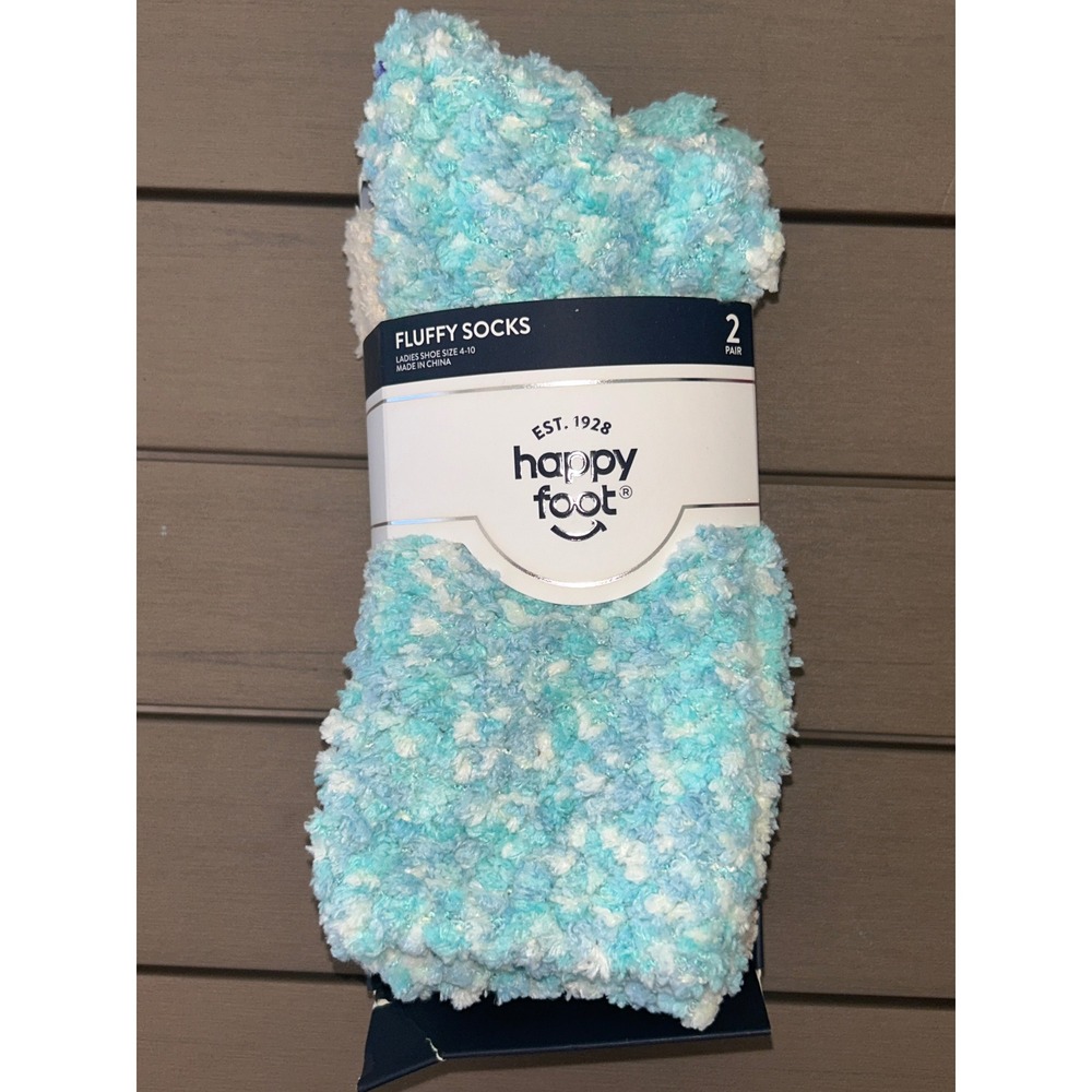 Happy Foot Fluffy Socks Ladies Size 4-10 Blue White Cozy 2 Pair NWT